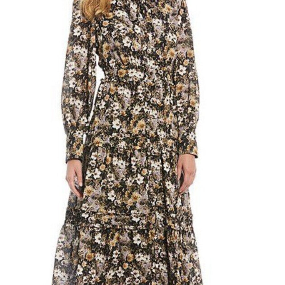 Antonio Melani Floral Printed Angie  Long Sleeve  Ruffle Midi Dress Size 0